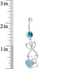 Load image into Gallery viewer, Aqua Cubic Zirconia Hugging Heart Bunny Dangle Belly Ring
