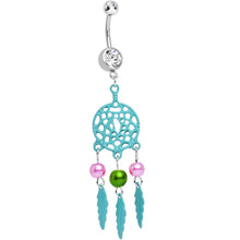 Load image into Gallery viewer, Clear Double CZ Pearly Aqua Reverie Dreamcatcher Dangle Belly Ring
