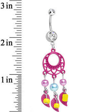 Load image into Gallery viewer, Clear Double CZ Pearly Feathers Pink Dreamcatcher Dangle Belly Ring