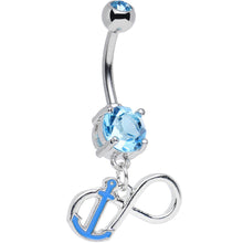 Load image into Gallery viewer, Aqua Double Cubic Zirconia Captain Anchor Infinity Dangle Belly Ring