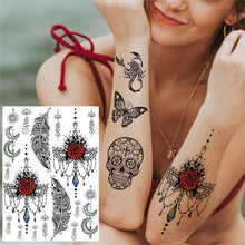 Load image into Gallery viewer, 53 Sheets Black Lace Temporary Tattoos Sticker Butterfly Flower Fake Tatoo Sticker Sexy Black Henna Temporary Tattoos For Women