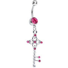 Load image into Gallery viewer, Pink Gem Sparkling Twisted Key Dangle Belly Ring