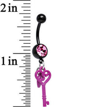 Load image into Gallery viewer, Pink Gem Black Plated Unlock the Secret Skeleton Key Dangle Belly Ring