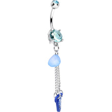 Load image into Gallery viewer, Aqua Double Gem Sparkling Trapeze Swing Blue Heart Dangle Belly Ring