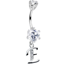 Load image into Gallery viewer, 925 Sterling Silver Clear CZ Ornate Script Initial E Dangle Belly Ring