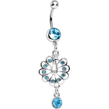Load image into Gallery viewer, Aqua Gem Enchanted Open Tail Peacock Dangle Belly Ring