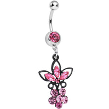 Load image into Gallery viewer, Pink Gem Power of the Dual Black Flower Dangle Belly Ring