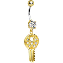 Load image into Gallery viewer, 925 Sterling Silver Gold Plated Clear Gem Car Key Dangle Belly Ring