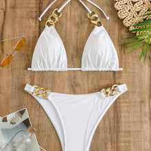 Load image into Gallery viewer, Luxe Chain Link Triangle Halter Bikini Set – Chic V Neck 2 Piece Swimsuit with Lace-Up Tie Back High Stretch Nylon Blend and Sleek Solid Color Finish – Women's Elegant Swimwear for Summer Beach & Pool Style