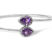 Load image into Gallery viewer, .925 Sterling Silver 8 x 5.5mm Pear Shape Amethyst and Diamond Accent Halo Bypass Bangle Bracelet (H-I Color, SI1-SI2 Clarity) - Fits up to 7" Inches