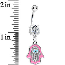 Load image into Gallery viewer, Clear Cubic Zirconia Blessed Pink Hamsa Hand Dangle Belly Ring