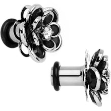 Load image into Gallery viewer, 2G Black Blooming Glam Gardenia Flower Steel Plug Pair