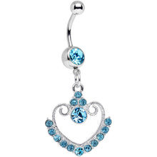 Load image into Gallery viewer, Aqua Gem Ornate Hollow Heart Dangle Belly Ring
