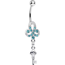 Load image into Gallery viewer, Aqua Gem Sparkling Clover Glamour Key Dangle Belly Ring