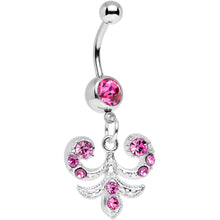 Load image into Gallery viewer, Pink Gem Elaborate French Swirls Dangle Belly Ring