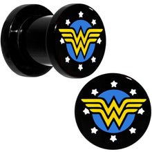 Load image into Gallery viewer, 0G Black Acrylic Licensed Wonder Woman Logo Screw Fit Plug Set