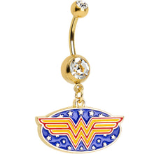 Load image into Gallery viewer, Clear Gem Gold Plated Licensed Wonder Woman Logo Dangle Belly Ring