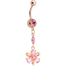 Load image into Gallery viewer, Pink CZ Rose Gold Plated Ribbon Flower Charm Dangle Belly Ring