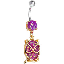 Load image into Gallery viewer, Purple Imitation Opal Gold Plated Wise Owl Dangle Belly Ring