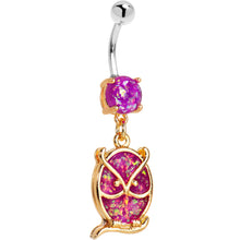 Load image into Gallery viewer, Purple Imitation Opal Gold Plated Wise Owl Dangle Belly Ring