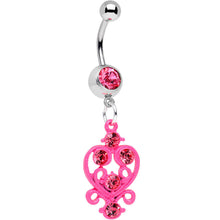 Load image into Gallery viewer, Pink Gem Swirled Pink Heart Dangle Belly Ring