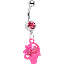 Load image into Gallery viewer, Pink Gem Bow Tied Pink Flower Basket Dangle Belly Ring
