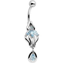 Load image into Gallery viewer, Aqua Cubic Zirconia Ornate Orchid Flower Dangle Belly Ring