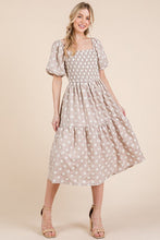 Load image into Gallery viewer, New Floral Embroidered Smocked Puff Sleeve Tiered Midi Dress For Women Elegant,Charming and Feminine Floral Embroidered Midi Dress with Puff Sleeves and Tiered Design