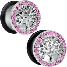 Load image into Gallery viewer, 9/16 Pink Gem Stainless Steel Single Flare Tree of Life Plug Set