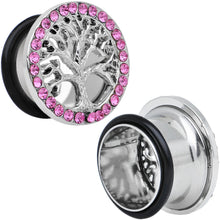 Load image into Gallery viewer, 5/8 Pink Gem Stainless Steel Single Flare Tree of Life Plug Set