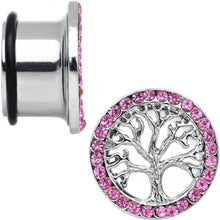 Load image into Gallery viewer, 5/8 Pink Gem Stainless Steel Single Flare Tree of Life Plug Set