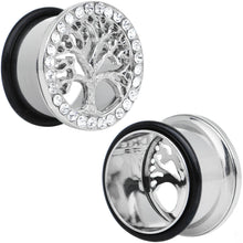 Load image into Gallery viewer, 11/16 Clear Gem Stainless Steel Single Flare Tree of Life Plug Set