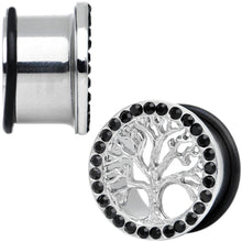 Load image into Gallery viewer, 11/16 Black Gem Stainless Steel Single Flare Tree of Life Plug Set