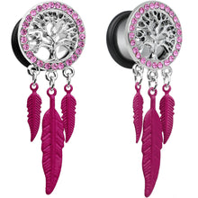 Load image into Gallery viewer, 1/2 Pink Gem Steel Single Flare Tree of Life Dangle Plug Set