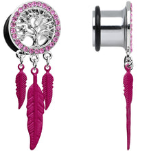 Load image into Gallery viewer, 1/2 Pink Gem Steel Single Flare Tree of Life Dangle Plug Set