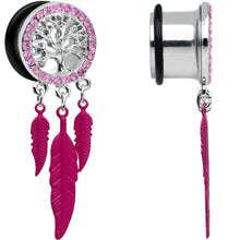 Load image into Gallery viewer, 9/16 Pink Gem Steel Single Flare Tree of Life Dangle Plug Set