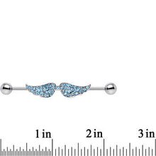Load image into Gallery viewer, Blue Gem Encrusted Angel Wings Industrial Barbell 44mm
