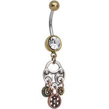 Load image into Gallery viewer, Antiqued Brass Steampunk Padlock Heart and Gears Dangle Belly Ring