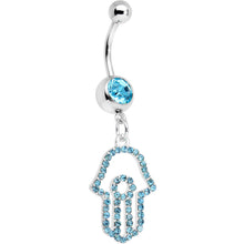 Load image into Gallery viewer, Aqua Paved Hamsa Hand Dangle Belly Ring