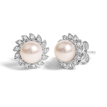 Load image into Gallery viewer, 10K White Gold Heirloom-Style Pearl and Diamond Accent Halo Stud Earrings (I-J color, I1-I2 Clarity)