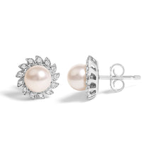 Load image into Gallery viewer, 10K White Gold Heirloom-Style Pearl and Diamond Accent Halo Stud Earrings (I-J color, I1-I2 Clarity)