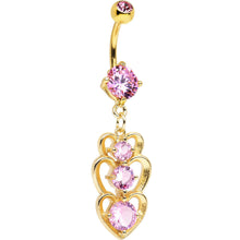 Load image into Gallery viewer, Pink Cubic Zirconia Gold PVD Trio of Hearts Dangle Belly Ring