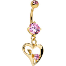 Load image into Gallery viewer, Pink CZ Gem Gold Anodized Folded Hollow Heart Dangle Belly Ring