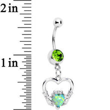Load image into Gallery viewer, Green Gem Imitation Opal Claddagh Dangle Belly Ring