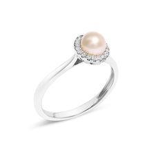 Load image into Gallery viewer, 10K White Gold 5MM Cultured Freshwater Pearl and Diamond Halo Ring (I-J Color, I1-I2 Clarity) - Ring Size 6.5