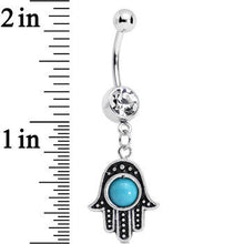 Load image into Gallery viewer, Clear Gem Aqua Orb Hamsa Hand Dangle Belly Ring