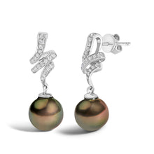 Load image into Gallery viewer, 14K White Gold 9MM Cultured Black Pearl and Diamond Accent Drop and Dangle Earrings (I-J Color, SI1-SI2 Clarity)