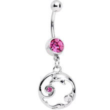 Load image into Gallery viewer, Pink Gem Double Dolphin Swirl Dangle Belly Ring