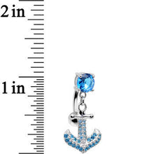 Load image into Gallery viewer, 925 Sterling Silver Aqua Jeweled Anchor Top Mount Dangle Belly Ring
