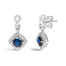 Load image into Gallery viewer, 10K White Gold Blue Sapphire and Diamond Halo Cushion Shaped Drop Earrings (I-J Color, I1-I2 Clarity)